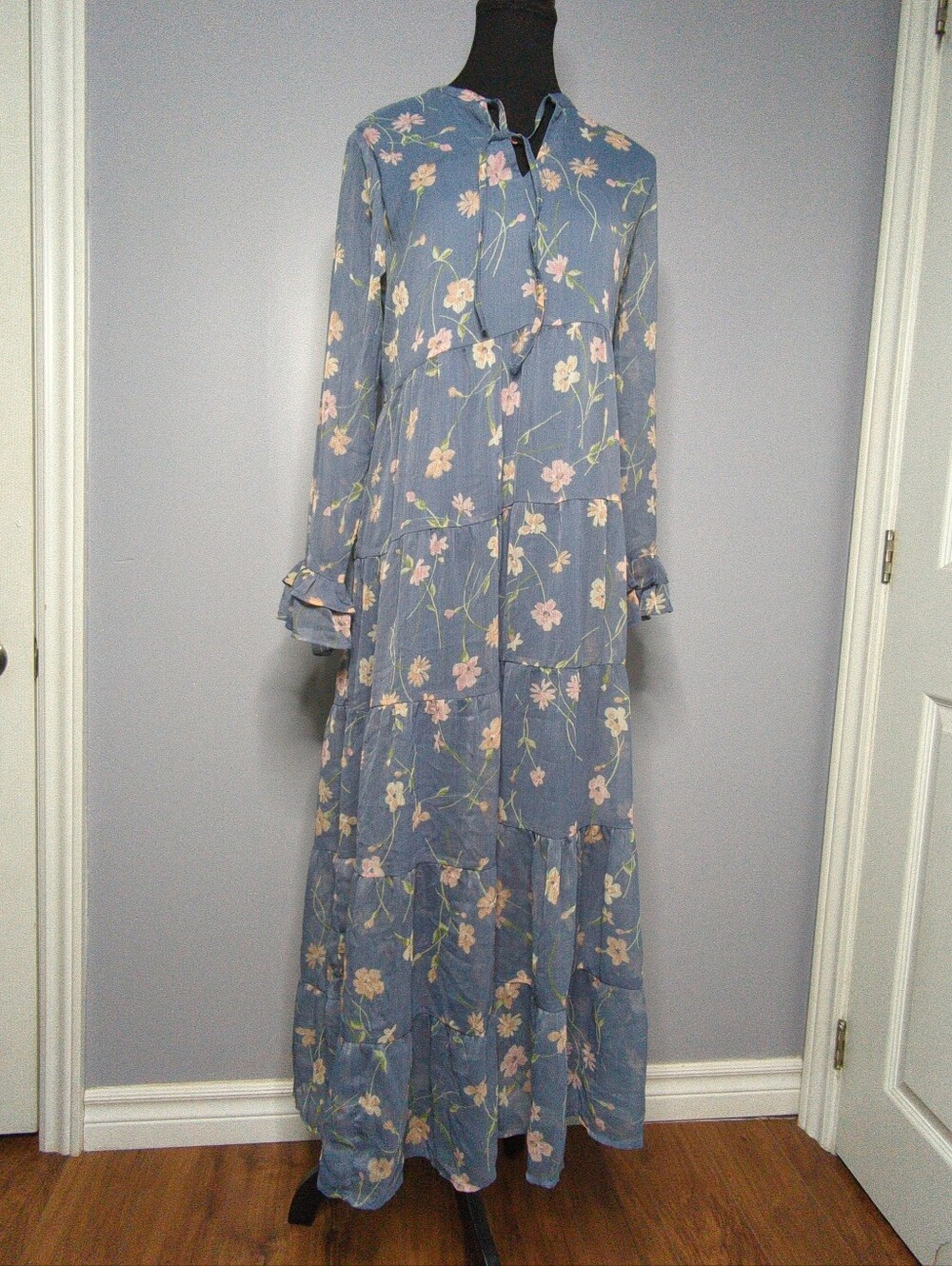 Patrons of Peace Dusty Blue Floral Tiered Boho Midi Dress S